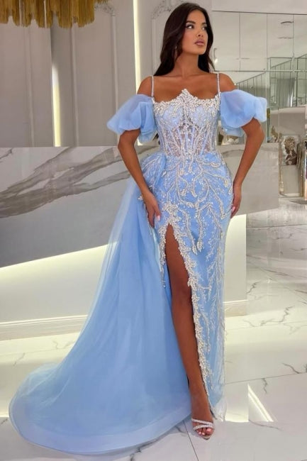 Blue Prom Dress Spaghetti Off The Shoulder Bubble Sleeves Slit Beaded Panel Train Tulle Formal Dress With Appliques