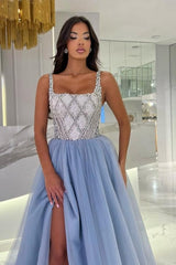 Blue Prom Dress Spaghetti Strap Square Sleeveless Slit Beaded Panel Train Tulle Formal Dress With Rhinestone