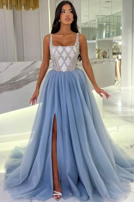 Blue Prom Dress Spaghetti Strap Square Sleeveless Slit Beaded Panel Train Tulle Formal Dress With Rhinestone