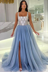 Blue Prom Dress Spaghetti Strap Square Sleeveless Slit Beaded Panel Train Tulle Formal Dress With Rhinestone