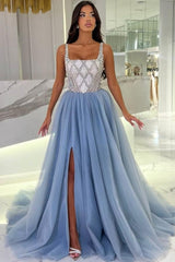 Blue Prom Dress Spaghetti Strap Square Sleeveless Slit Beaded Panel Train Tulle Formal Dress With Rhinestone