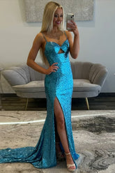 Blue Prom Dress Spaghetti Straps Mermaid Formal Dress With Slit