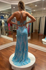 Blue Prom Dress Spaghetti Straps Mermaid Long Evening Dress with Sequined
