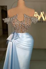 Blue Prom Dress Strapless Beaded Off The Shoulder Column Sleeveless Satin Panel Train Formal Dress