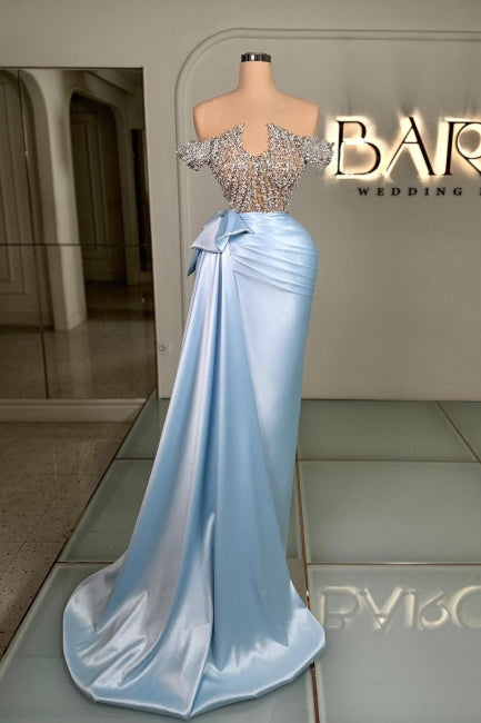 Blue Prom Dress Strapless Beaded Off The Shoulder Column Sleeveless Satin Panel Train Formal Dress