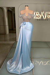 Blue Prom Dress Strapless Beaded Off The Shoulder Column Sleeveless Satin Panel Train Formal Dress