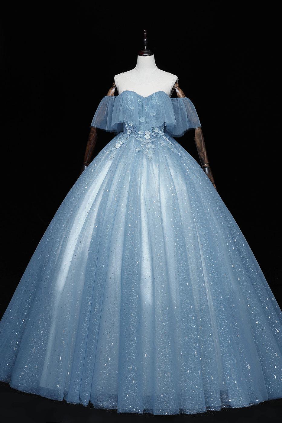 Blue Prom Dress Sweetheart Tulle Lace Long Formal Evening Dress