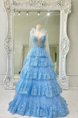 Blue Prom Dress Tiered Lace A Line Corset Long Evening Dress