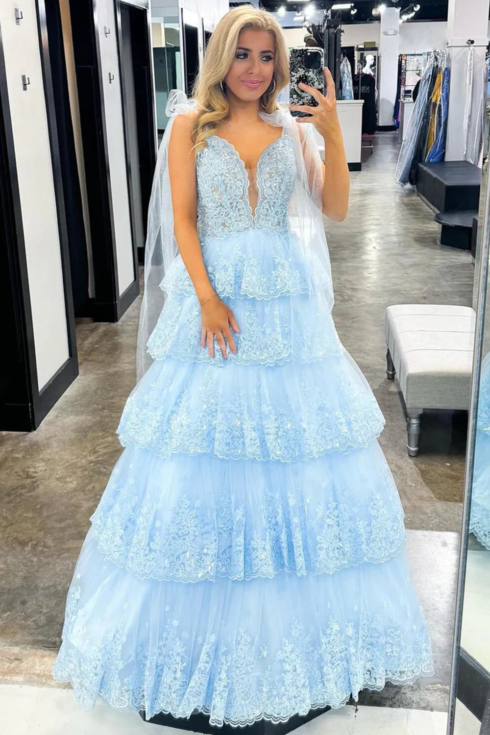 Blue Prom Dress Tiered Lace A Line Corset Long Evening Dress