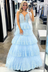 Blue Prom Dress Tiered Lace A Line Corset Long Evening Dress