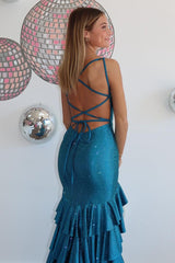 Blue Prom Dress Tiered Mermaid Spaghetti Straps Long Evening Dress with Slit