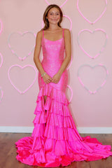 Blue Prom Dress Tiered Mermaid Spaghetti Straps Long Evening Dress with Slit