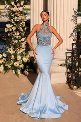 Blue Prom Dress V Neck Lace Beading Mermaid Formal Dress With Sleeves