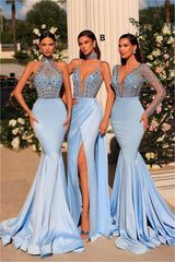 Blue Prom Dress V Neck Lace Beading Mermaid Formal Dress With Sleeves
