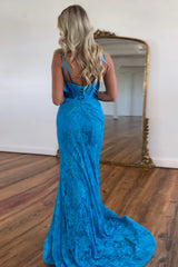 Blue Prom Dress V Neck Mermaid Corset Long Evening Dress with Slit