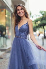 Blue Prom Dress V Neck Tulle Long Evening Dress
