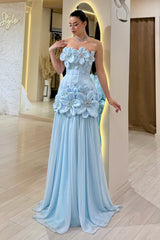 Blue Satin Mermaid Prom Dress with Strapless Neckline and 3D Flowers