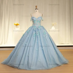 Blue Scoop Neck Quinceanera Dress Spaghetti Straps 3D Floral Appliques Ball Gown Romantic Prom Dress