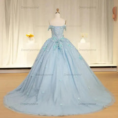 Blue Scoop Neck Quinceanera Dress Spaghetti Straps 3D Floral Appliques Ball Gown Romantic Prom Dress