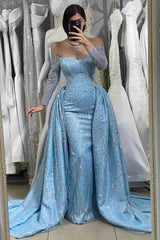 Blue Sequin Long Sleeve Off The Shoulder Sweetheart Evening Dress with Long Ruffles and Beads