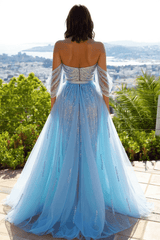 Blue Sequin Prom Dress Off the Shoulder Tulle Panel Train Evening Dress