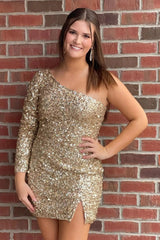 Blue Sequins Homecoming Dress One Shoulder Cocktail Dress with Sleeves