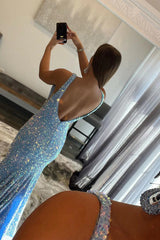 Blue Sequins Prom Dress Mermaid V Neck Evening Dress
