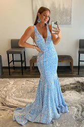 Blue Sequins Prom Dress Mermaid V Neck Evening Dress