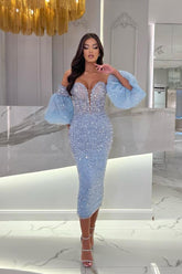 Blue Sheath/Column Prom Dress Half Sleeve Sweetheart Tea Length Sequined Formal Dress