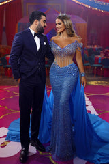 Blue Sheath/Column Prom Dress Off the Shoulder Beaded Formal Dress