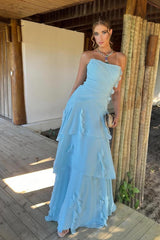 Blue Sheath/Column Prom Dress Sleeveless Strapless Ruffled Formal Dress