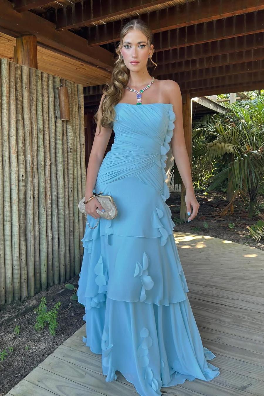Blue Sheath/Column Prom Dress Sleeveless Strapless Ruffled Formal Dress