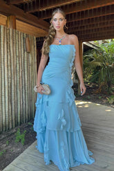 Blue Sheath/Column Prom Dress Sleeveless Strapless Ruffled Formal Dress