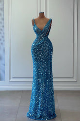 Blue Sheath/Column Prom Dress Sleeveless V Neck Sequined Formal Dress