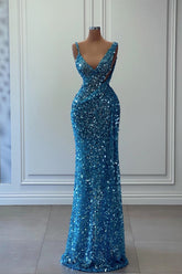 Blue Sheath/Column Prom Dress Sleeveless V Neck Sequined Formal Dress