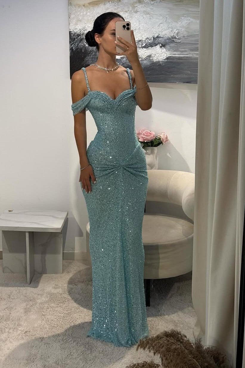 Blue Sheath/Column Prom Dress Spaghetti Straps Sequined Formal Dress