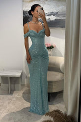 Blue Sheath/Column Prom Dress Spaghetti Straps Sequined Formal Dress