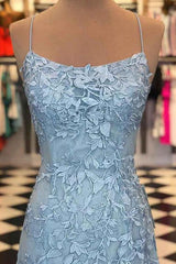 Blue Spaghetti Straps Prom Dress Backless Appliques Mermaid Evening Dress