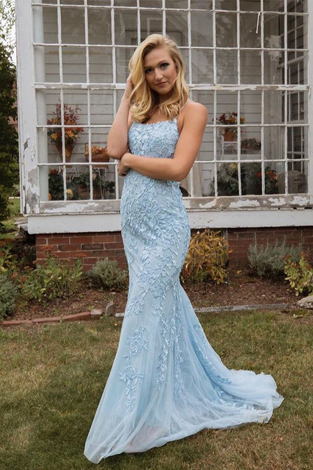 Blue Spaghetti Straps Prom Dress Backless Mermaid Evening Dress