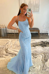 Blue Spaghetti Straps Prom Dress Mermaid Evening Dress With Appliques