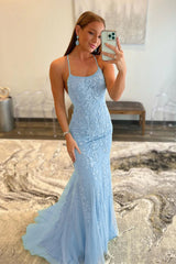 Blue Spaghetti Straps Prom Dress Mermaid Evening Dress With Appliques