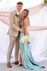 Blue Spaghetti Straps Prom Dress Mermaid Long Corset Evening Dress with Beading