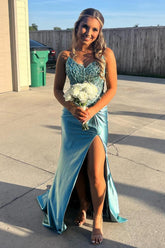 Blue Spaghetti Straps Prom Dress Mermaid Long Corset Evening Dress with Beading