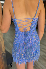 Blue Spaghetti Straps Sequin Short Homecoming Dress