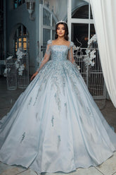 Blue Square Illusion Sleeves Beaded Sequined Ball Gown Satin Bridal Gown With Appliques