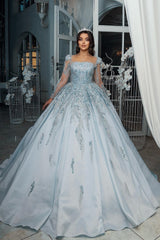Blue Square Long Illusion Sleeves Beaded Sequined Ball Gown Long Satin Bridal Gown With Appliques
