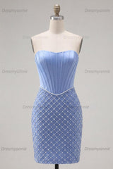 Blue Strapless Basque Waist Corset Tight Short Homecoming Dress with Pearls
