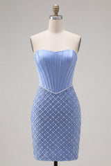 Blue Strapless Basque Waist Corset Tight Short Homecoming Dress with Pearls
