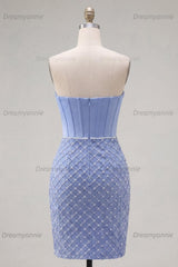 Blue Strapless Basque Waist Corset Tight Short Homecoming Dress with Pearls