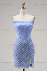 Blue Strapless Corset Tight Short Homecoming Dress with Pearl Details